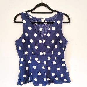 JCrew Linen Navy Polka Dot Peplum Tank Blouse Size 8